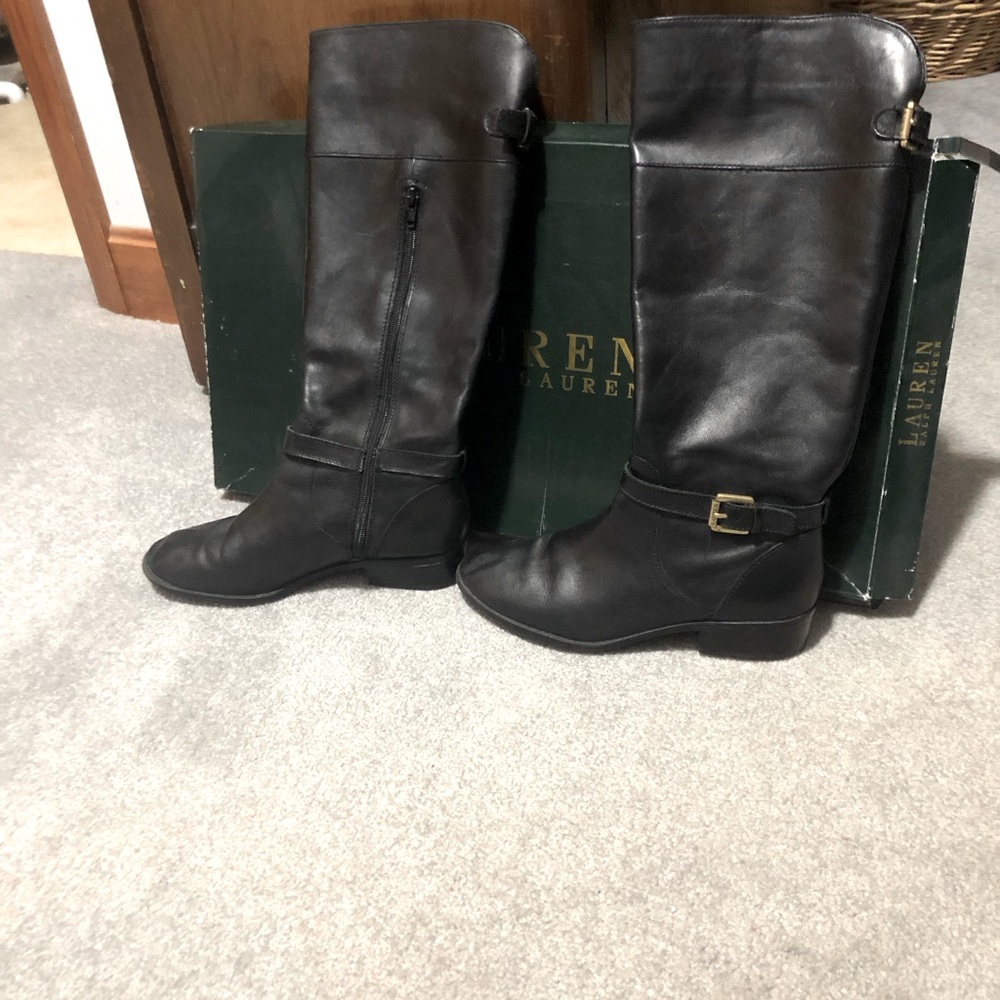 Ralph Lauren Black Leather Knee-High Buckle Boots